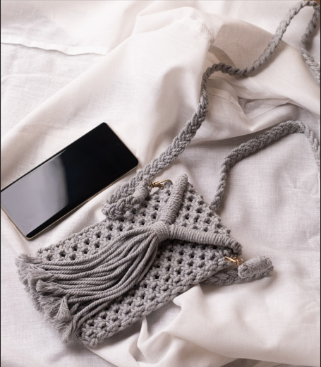 Elegant Grey Macrame Mobile Pouch