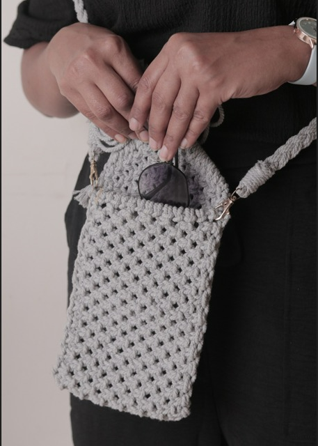 Elegant Grey Macrame Mobile Pouch