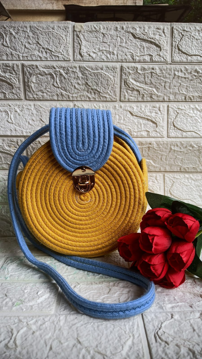 "Yellow and Blue Macrame Rope Bag - Vibrant and Stylish"