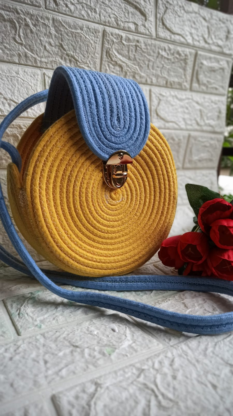 "Yellow and Blue Macrame Rope Bag - Vibrant and Stylish"