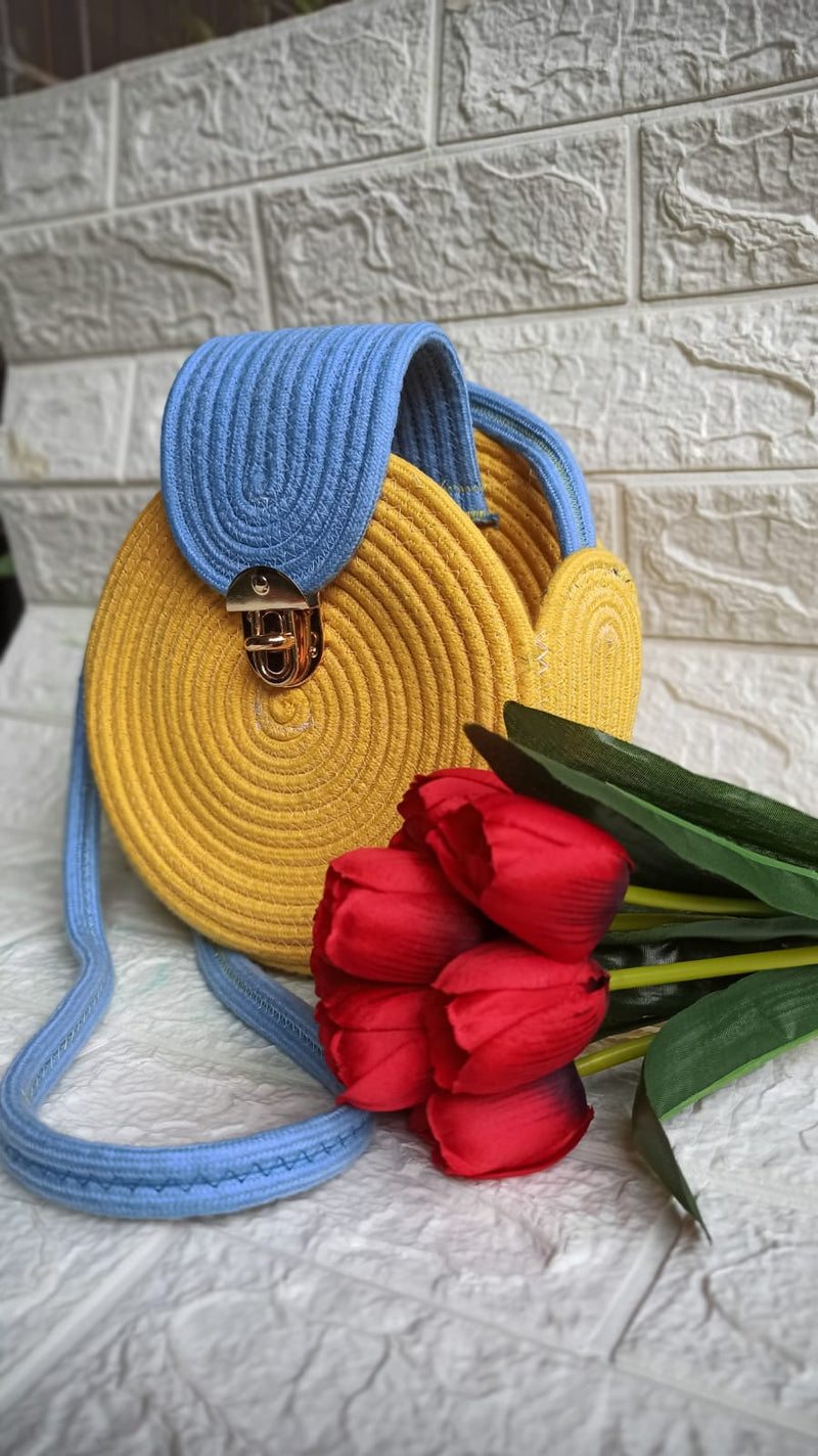 "Yellow and Blue Macrame Rope Bag - Vibrant and Stylish"