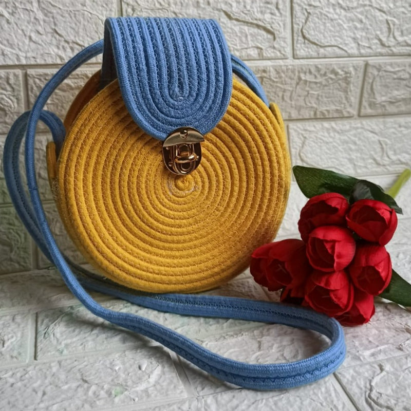 "Yellow and Blue Macrame Rope Bag - Vibrant and Stylish"