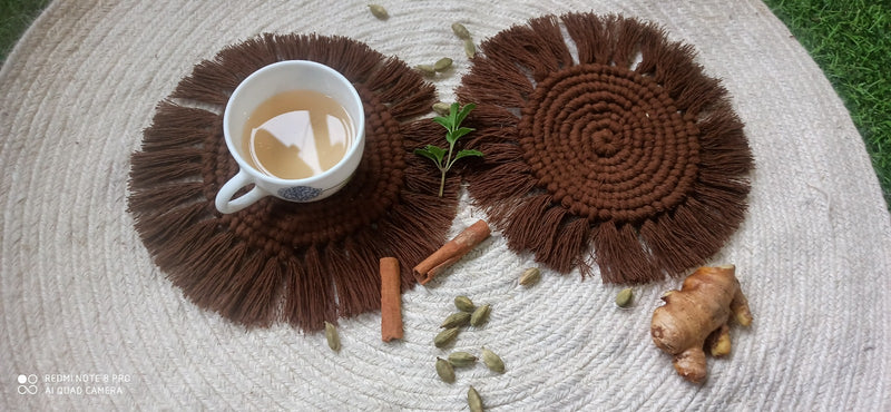 "Brown Macrame Round Coasters - Set of 2"