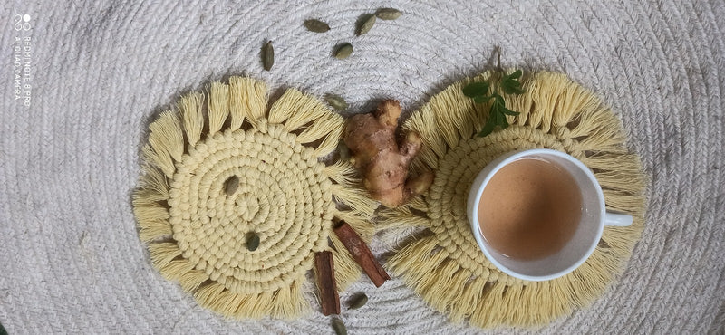 Yellow Customizable Macrame Round Coasters – 5-inch with Fringes | Durable & Soft Cotton Thread