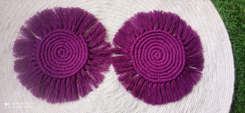 "Fringed Macrame Coasters - Purple, 5" Custom"