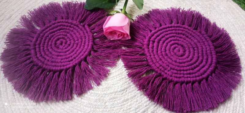 "Fringed Macrame Coasters - Purple, 5" Custom"