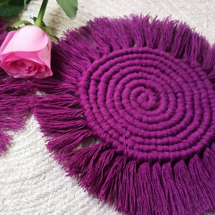 "Fringed Macrame Coasters - Purple, 5" Custom"