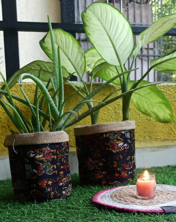 "Set of 2 Jute & Warli Fabric Planters"