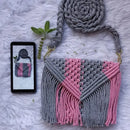 "Macrame Sling Bag - Pink/Grey, 7"x5" Handmade" Threadarrt