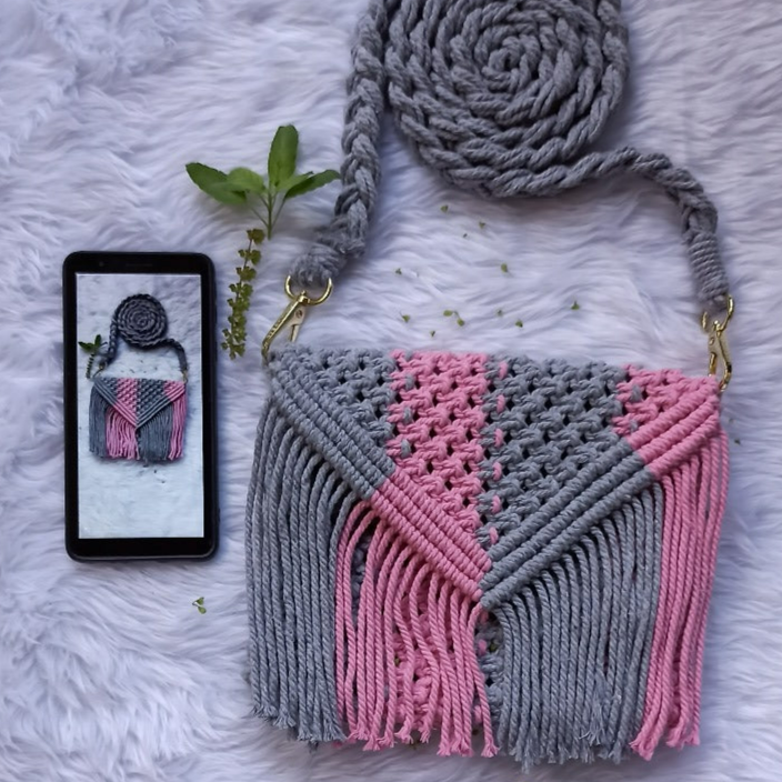 "Macrame Sling Bag - Pink/Grey, 7"x5" Handmade"