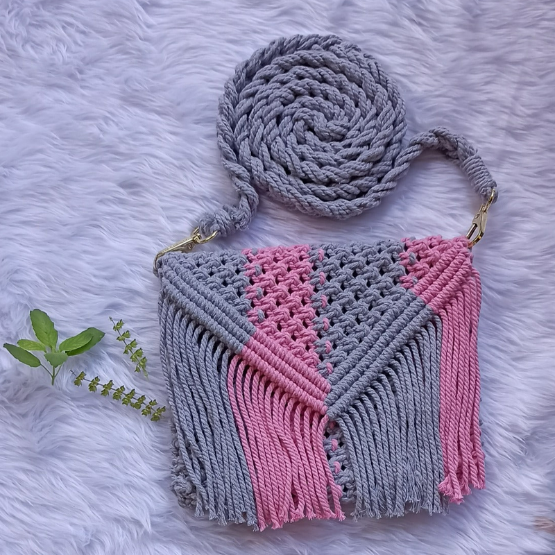 "Macrame Sling Bag - Pink/Grey, 7"x5" Handmade"