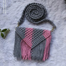 "Macrame Sling Bag - Pink/Grey, 7"x5" Handmade" Threadarrt