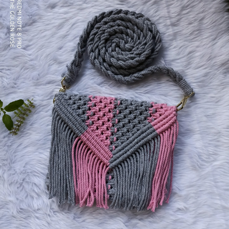 "Macrame Sling Bag - Pink/Grey, 7"x5" Handmade"