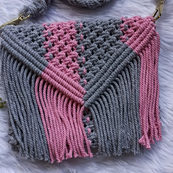 "Macrame Sling Bag - Pink/Grey, 7"x5" Handmade"