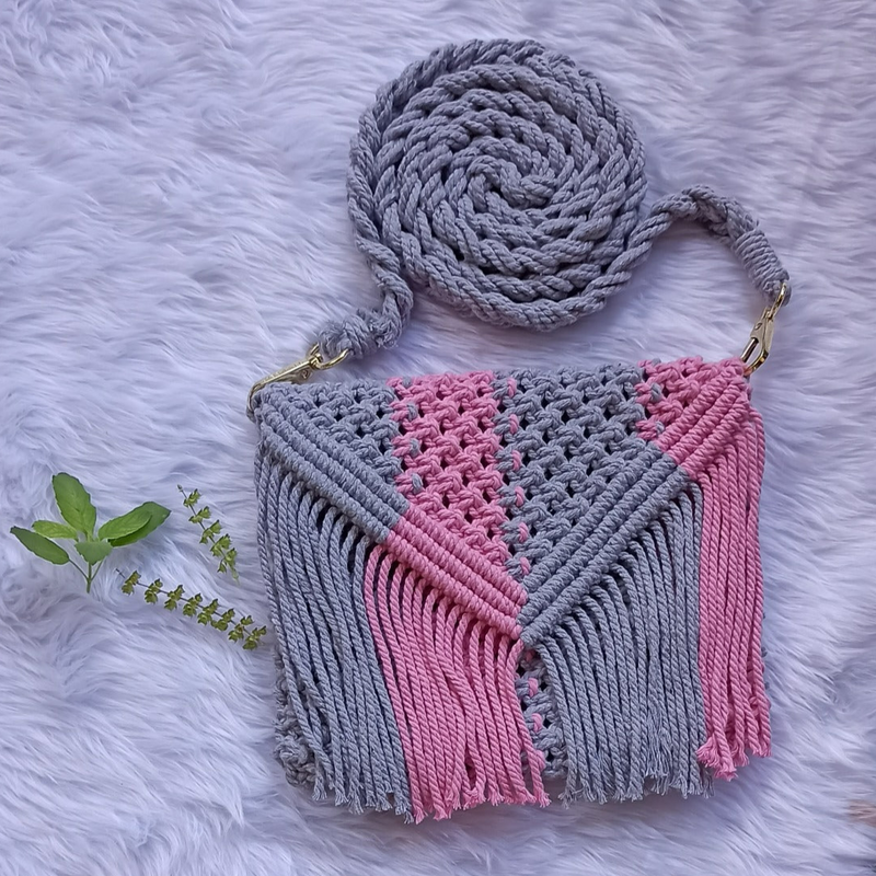 "Macrame Sling Bag - Pink/Grey, 7"x5" Handmade"