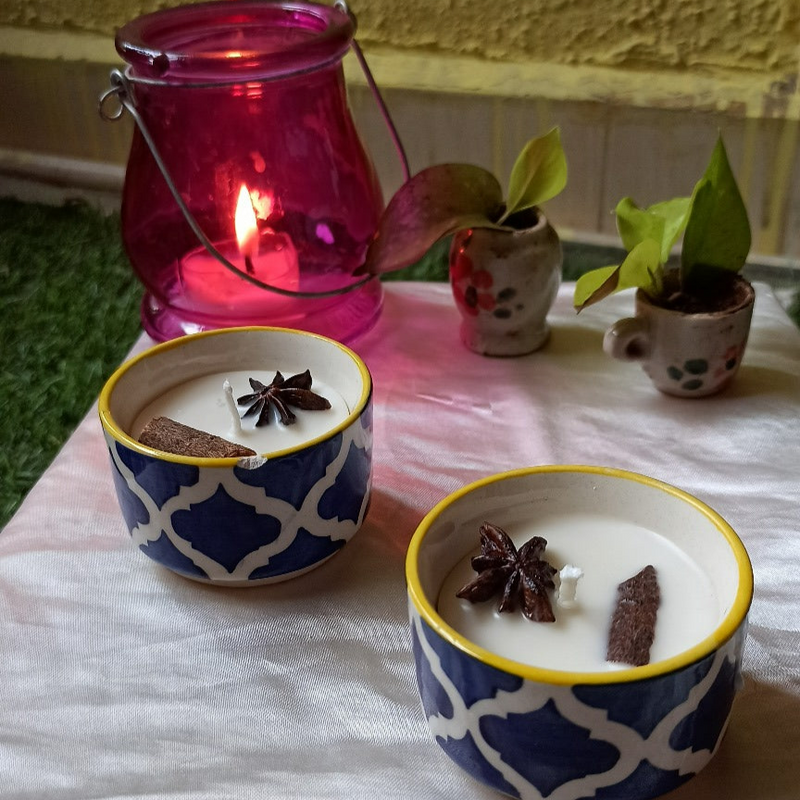 "Set of 6 Blue Pottery Candles