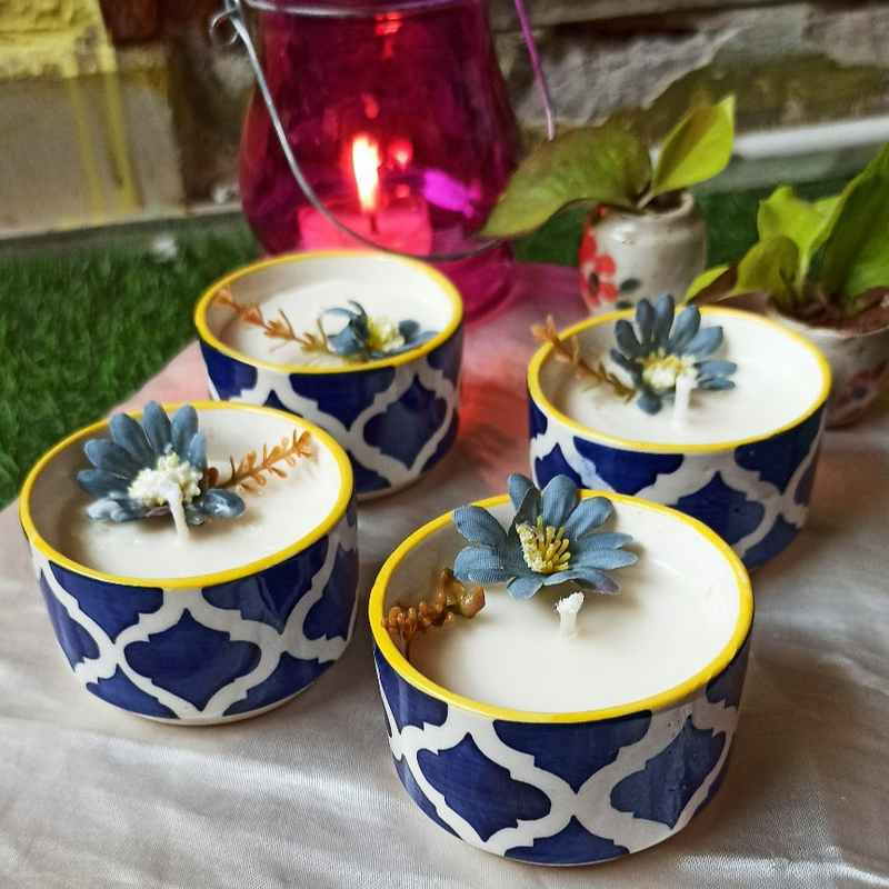 "Set of 6 Blue Pottery Candles