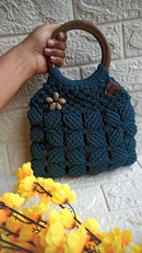 Royal Blue Macramé Shell Bag with Wooden Handle: Discover Boho Elegance Threadarrt