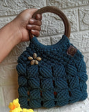 Royal Blue Macramé Shell Bag with Wooden Handle: Discover Boho Elegance Threadarrt