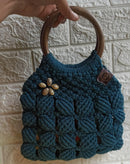Royal Blue Macramé Shell Bag with Wooden Handle: Discover Boho Elegance Threadarrt