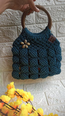 Royal Blue Macramé Shell Bag with Wooden Handle: Discover Boho Elegance Threadarrt
