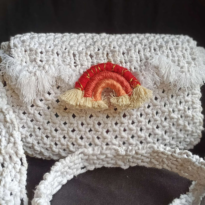 "White Macramé Box Bag with Rainbow Keychain