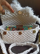 White Macramé Box Bag with Rainbow Keychain Threadarrt