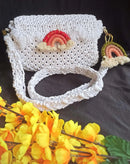 White Macramé Box Bag with Rainbow Keychain Threadarrt
