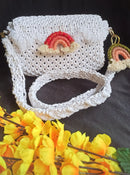 White Macramé Box Bag with Rainbow Keychain Threadarrt