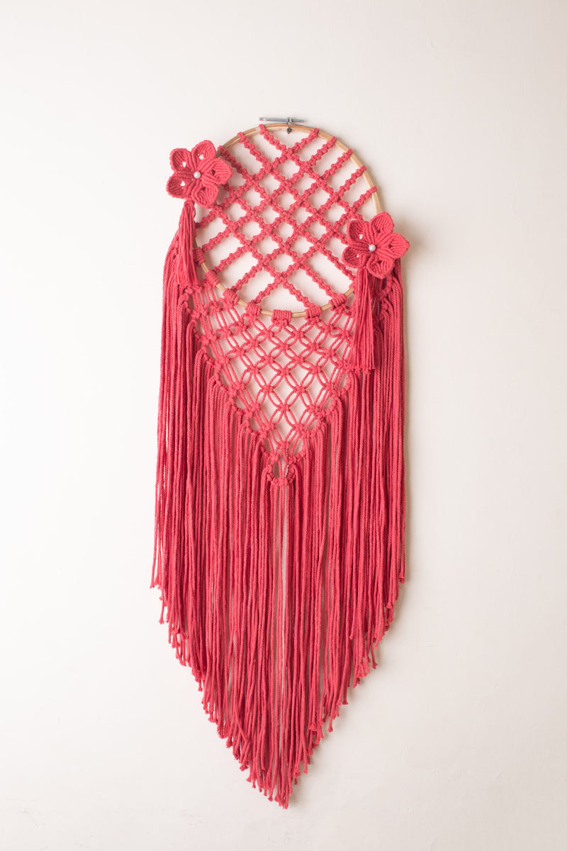 Handmade Macrame Dream Catcher with Floral Design – Coral Pink