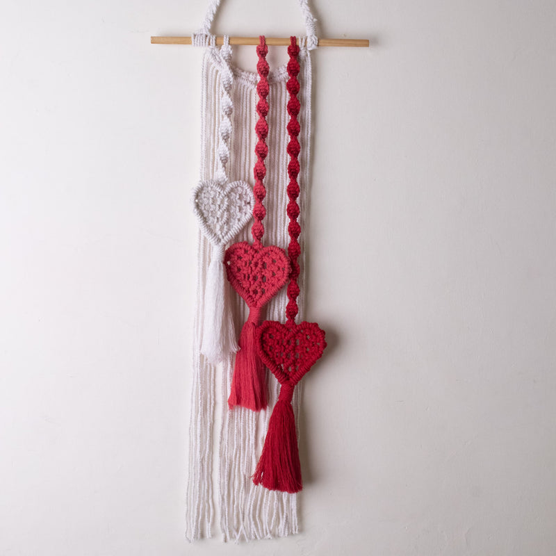 Handmade Macrame Wall Hanging with Macrame Heart Tassels