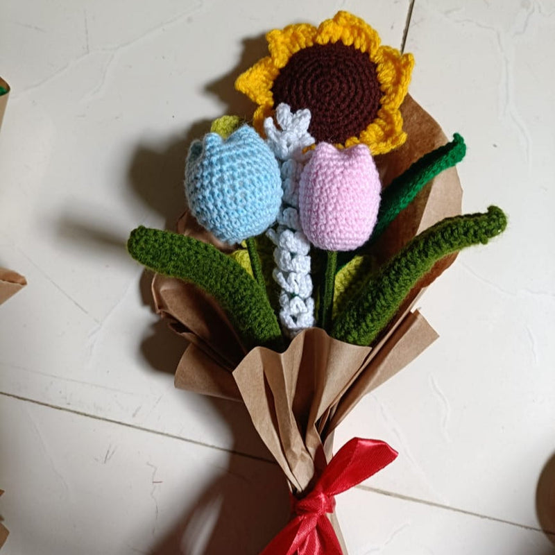 Handmade Crochet Flower Bouquet – Tulip, Sunflower & Lavender Mix for Gifting & Home Decor Threadarrt