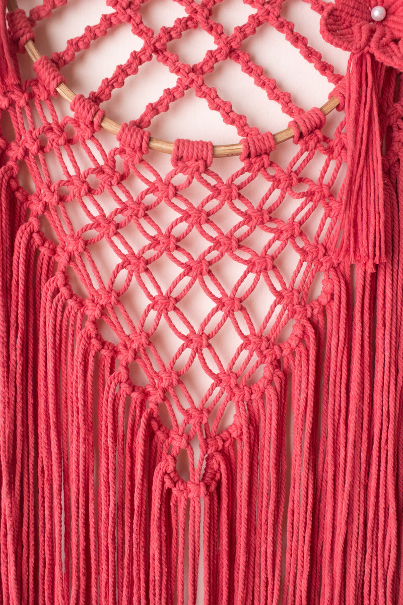 Handmade Macrame Dream Catcher with Floral Design – Coral Pink