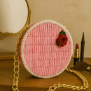 Handmade round macrame bag with boho texture and chain strap