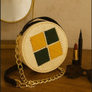 Close-up handmade round macrame bag texture with knotted cotton pattern and secure clasp