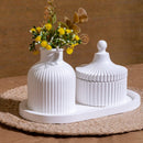 White Ribbed Ceramic Vase & Lidded Jar Set with Tray
