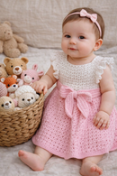 Handmade Crochet Baby Dress – Snowy Bloom with Bow Detail