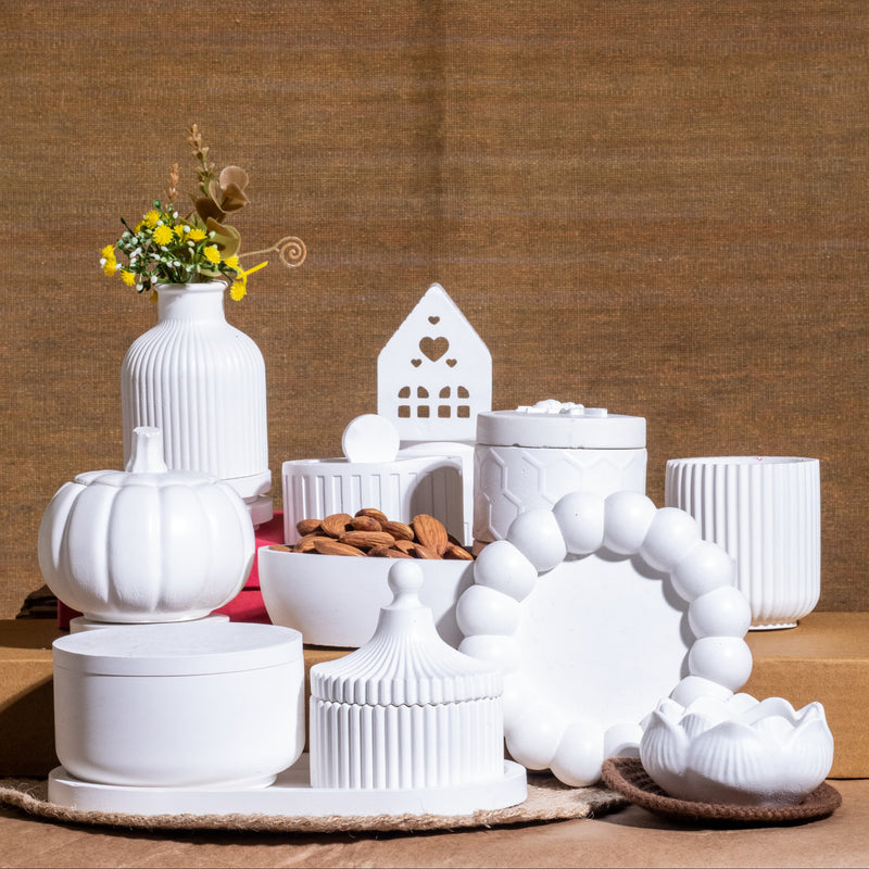 Pure Elegance: All-White Concrete Jars & Trays Collection