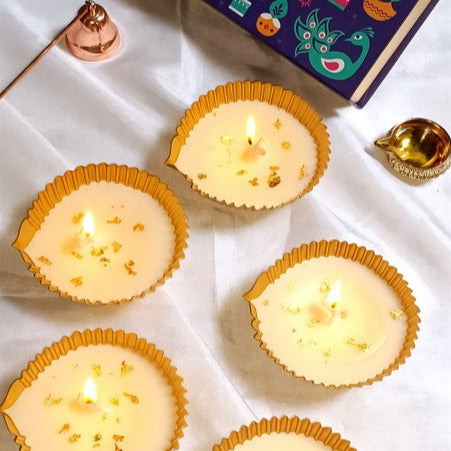 Top view of decorative Urli candles Diwali gifts centerpiece