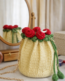Handmade Crochet Bouquet Bag with Rose – Cream Cotton Yarn
